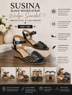 SUSINA Black Woven Strap Sandal Wedge 7.5M